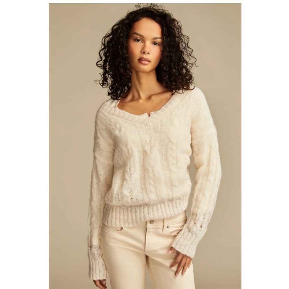 Lucky Brand Women's XXL Fuzzy‎ Cable Knit Sweater V-Neck Ivory Tofu Semi Sheer